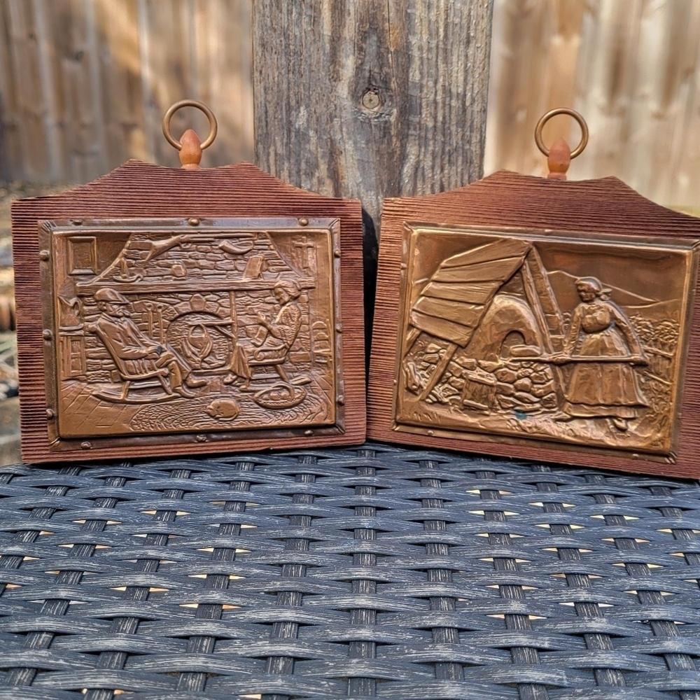 Vintage Fait au Quebec Hammered Copper Breadmaker & Fireplace Scene by A Nadeau